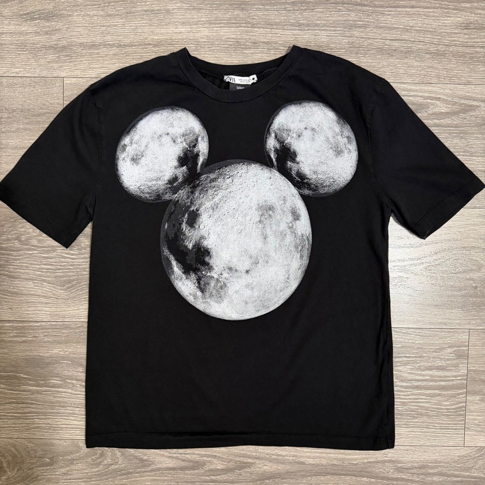 Zara Disney Mickey Mouse Moon Graphic T-Shirt S Black Constellation Women Galaxy
